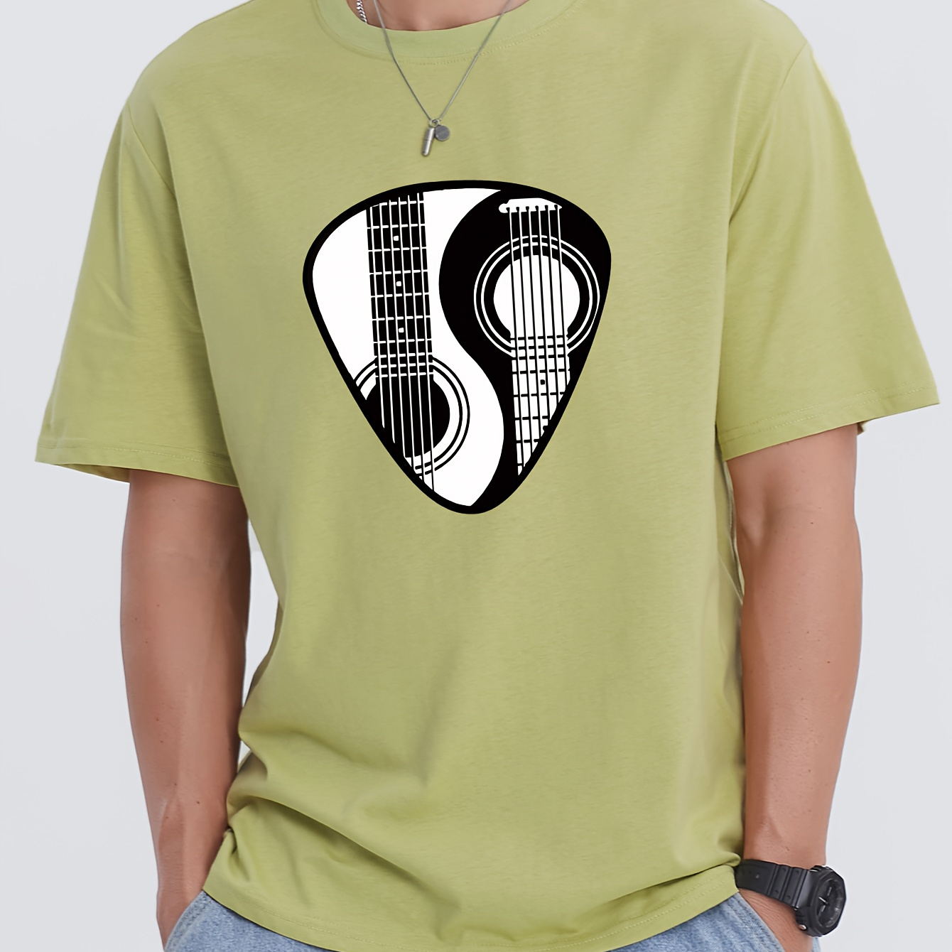 

Creative Guitar Print T-shirt, Versatile & Breathable Street , Simple Lightweight Comfy Cotton Top, Casual Crew Neck Short Sleeve T-shirt For Summer
