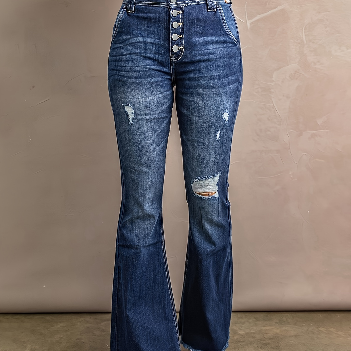 

Jean Taille Haute Évasé Déchiré Avec Ourlet Brut Pour Femmes De Grande Taille, Style Décontracté Avec Fermeture Boutonnée Et Ourlet Effiloché, Jean Cloche En Denim Vintage