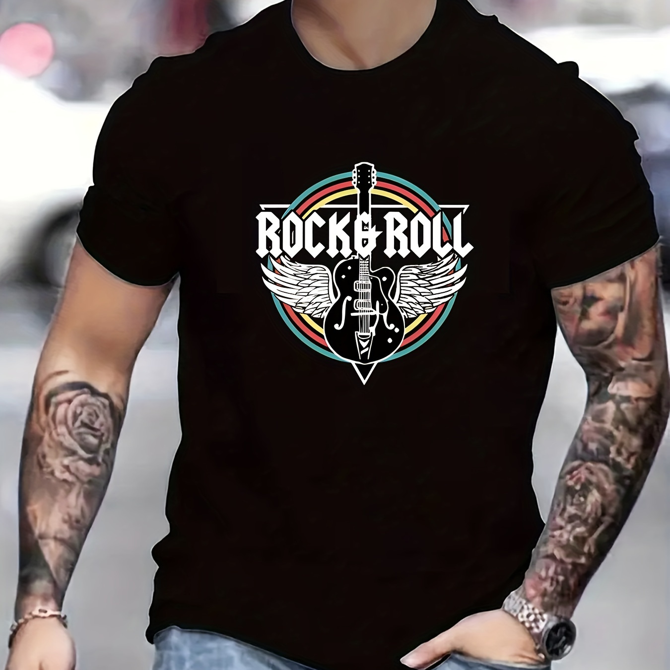 

Rock Roll Print, Men's Round Crew Neck Short Sleeve, Simple Style Tee Fashion Regular Fit T-shirt Casual Comfy Top For Spring Summer Holiday Leisure Vacation