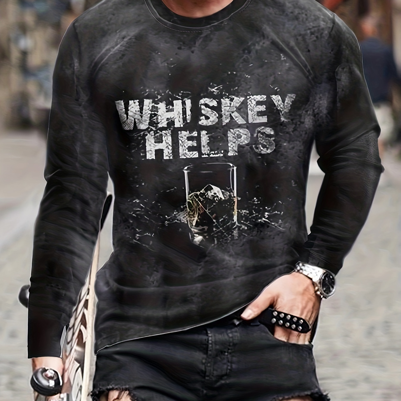 Whiskey Helps Impresión Camiseta Manga Larga Hombres - Temu