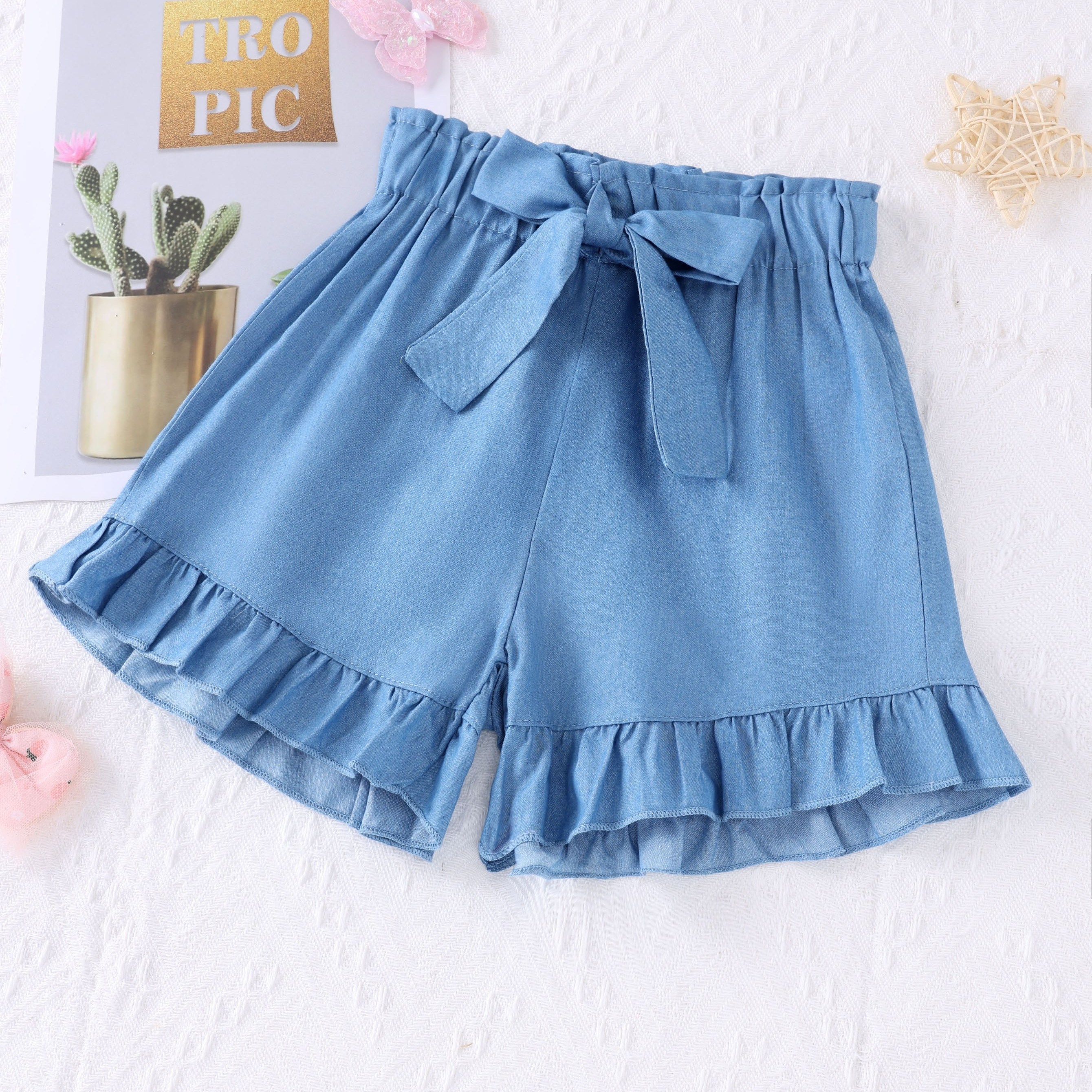 

Sweet Lettuce Edge Bow Denim Shorts For Girls, Comfy Thin Summer Shorts With Elastic Waistband, Loose Fit