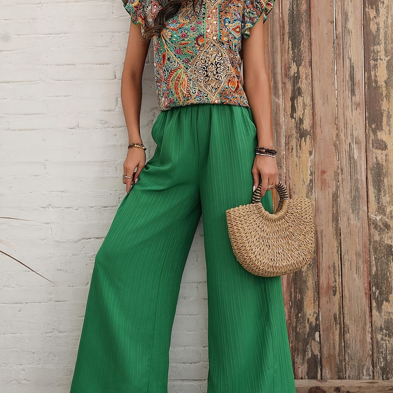 

Boho Paisley Print Pants Set, Flutter Sleeve Crew Neck Blouse & Solid Color Wide Leg Pants Outfits, Women's Clothing