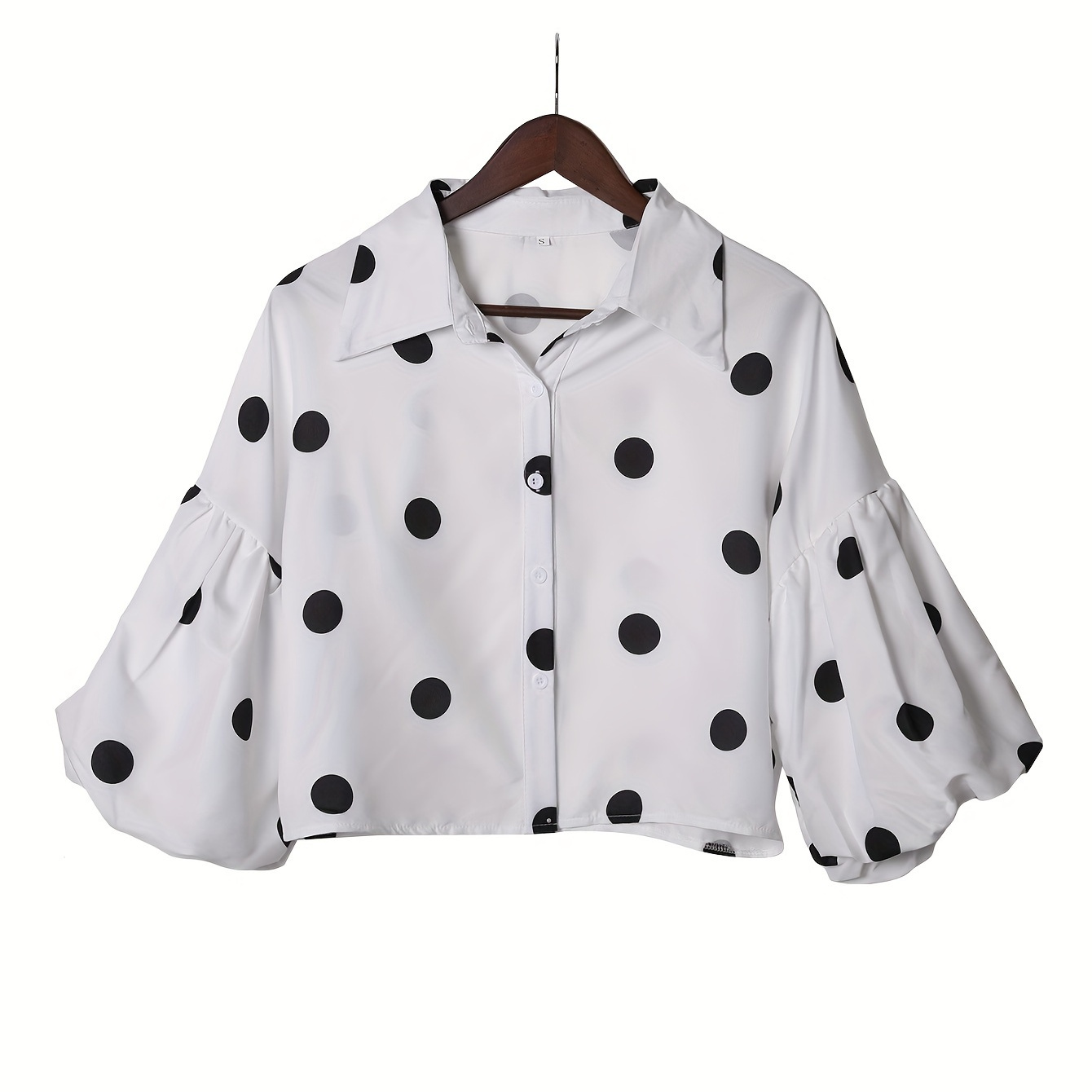 

Polka Dot Lantern Sleeve Shirt, Elegant Button Front Shirt For Spring & Summer, Women's Clothing
