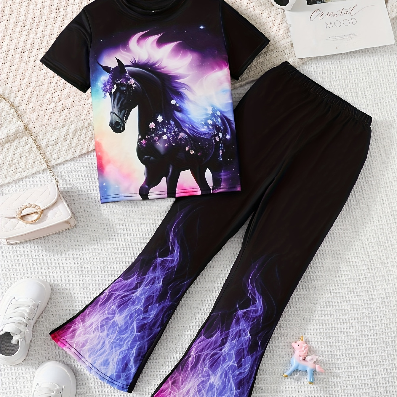 

3d Horse Digital Print 2pcs Girl's Short Sleeve Top + Flames Graphic Pants Casual Set, Girls Outfit Summer Clothes