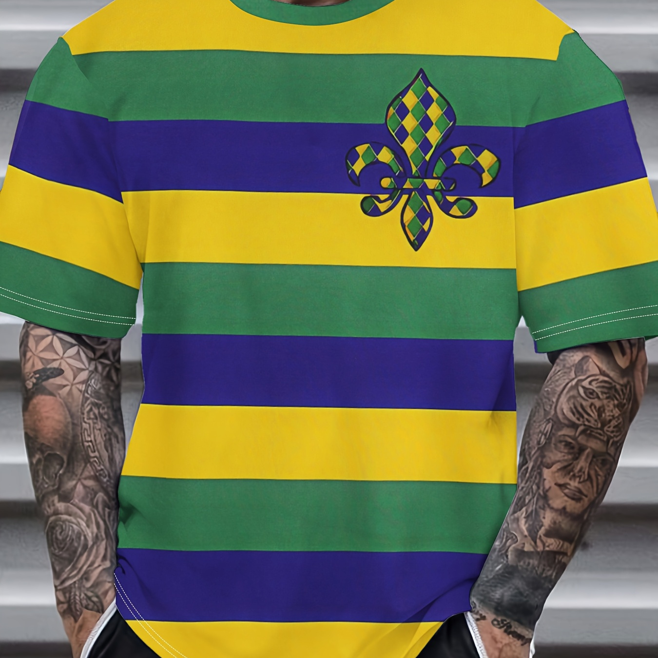 

1pc Mardi Gras Men's Striped Short Sleeve T-shirt, Casual Crew Neck Polyester Knit With Slight Stretch, Adult Tops For Spring/ Casual