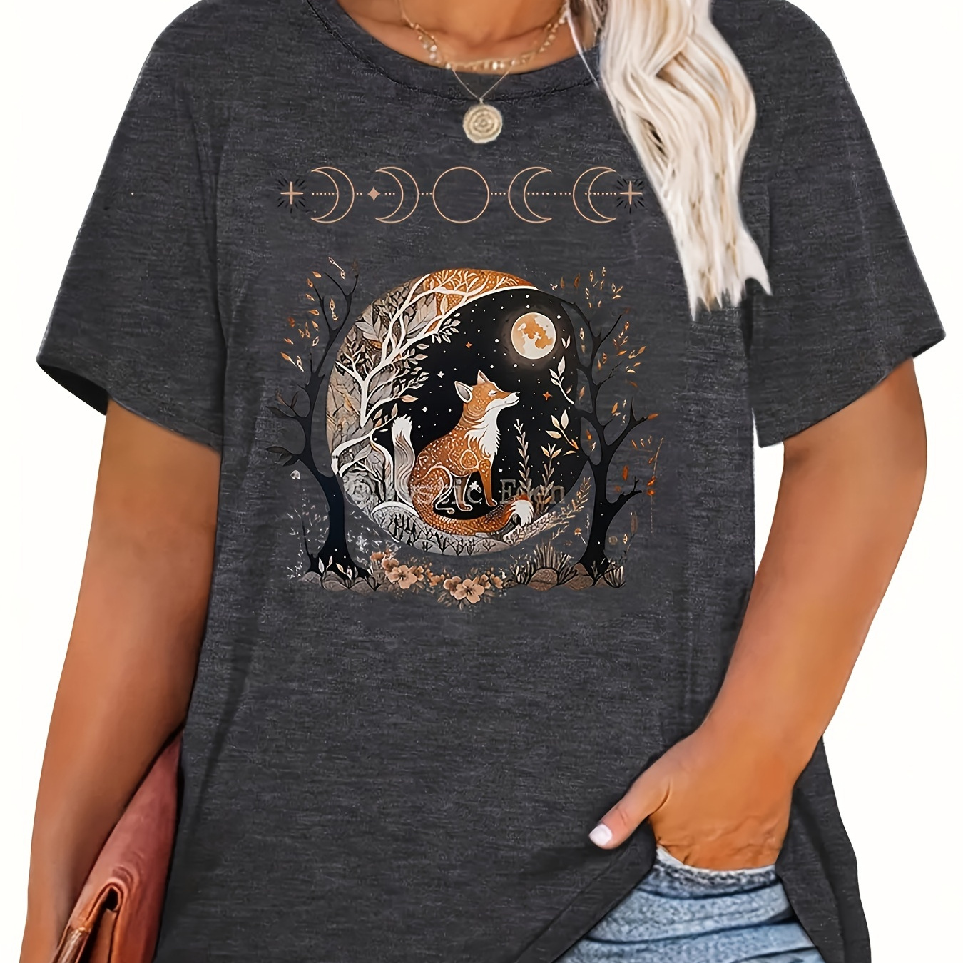 

Plus Size Fox Print T-shirt, Casual Crew Neck Short Sleeve T-shirt, Women's Plus Size clothing