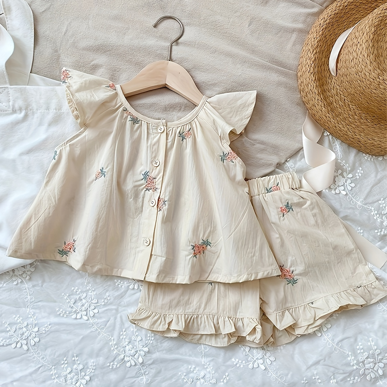 

100% Cotton Girls Comfy 2pcs Flower Embroidery Outfits For Summer Party Gift Outdoor