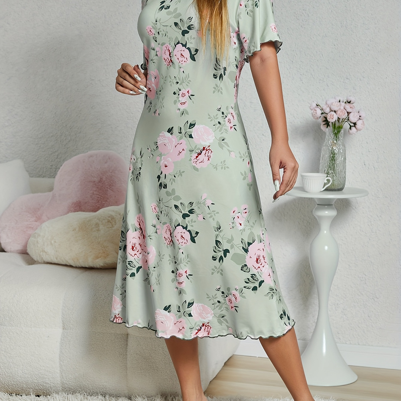 

1pc Women's Floral Neck Short Sleeve Night Dress - Casual Knit Polyester Pullover Sleepwear