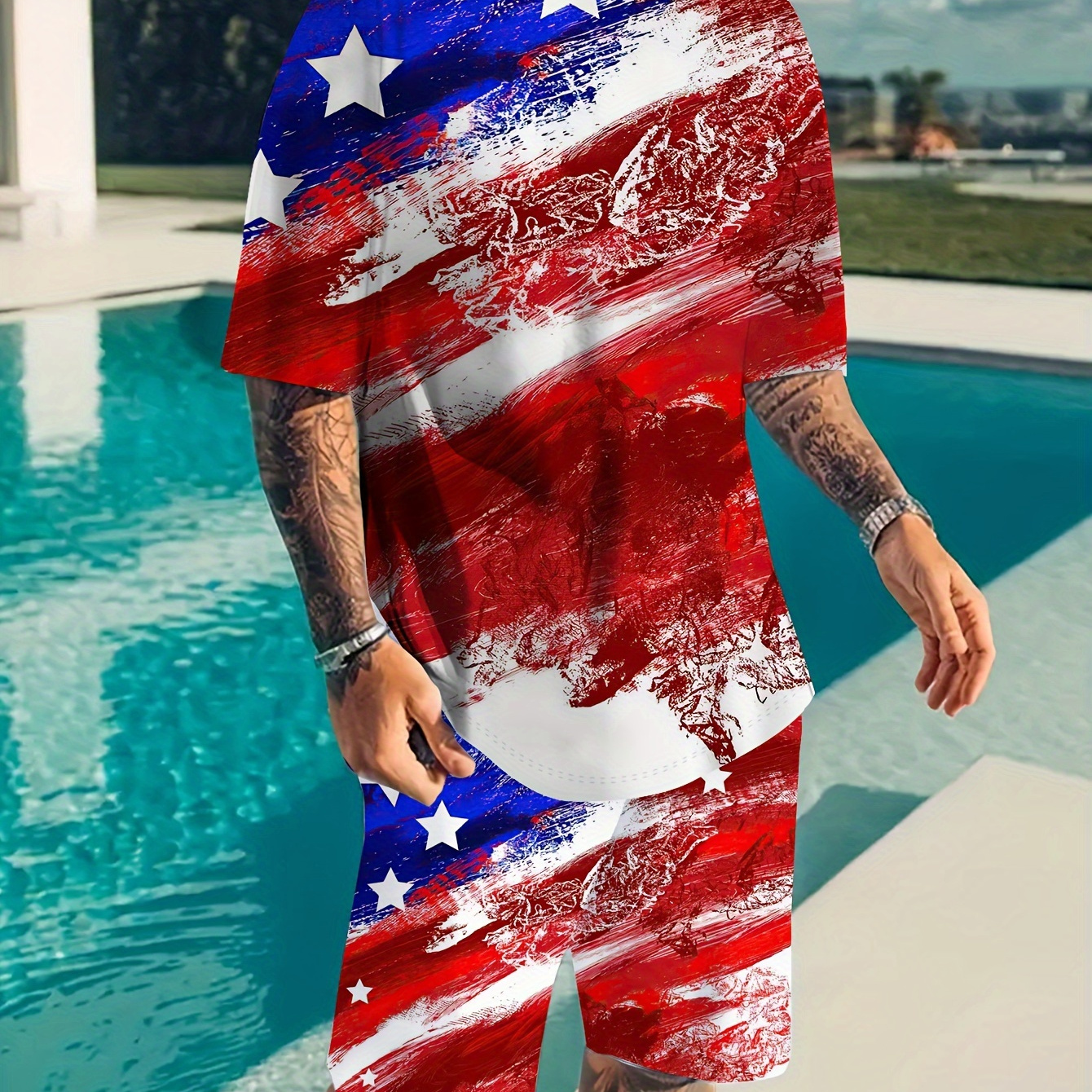 

Plus Size Men's American Flag Graphic Print T-shirt & Shorts Set For Summer