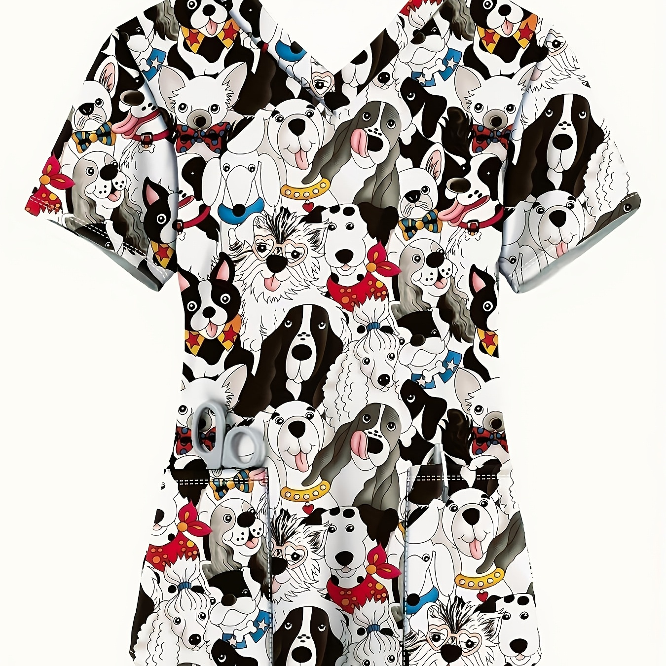 

1pc Women's Cartoon Dogs V-neck Scrub Top With Pockets - Comfortable 100% Polyester Knit Fabric, Animal V-neck Shirt For Spring/summer/fall