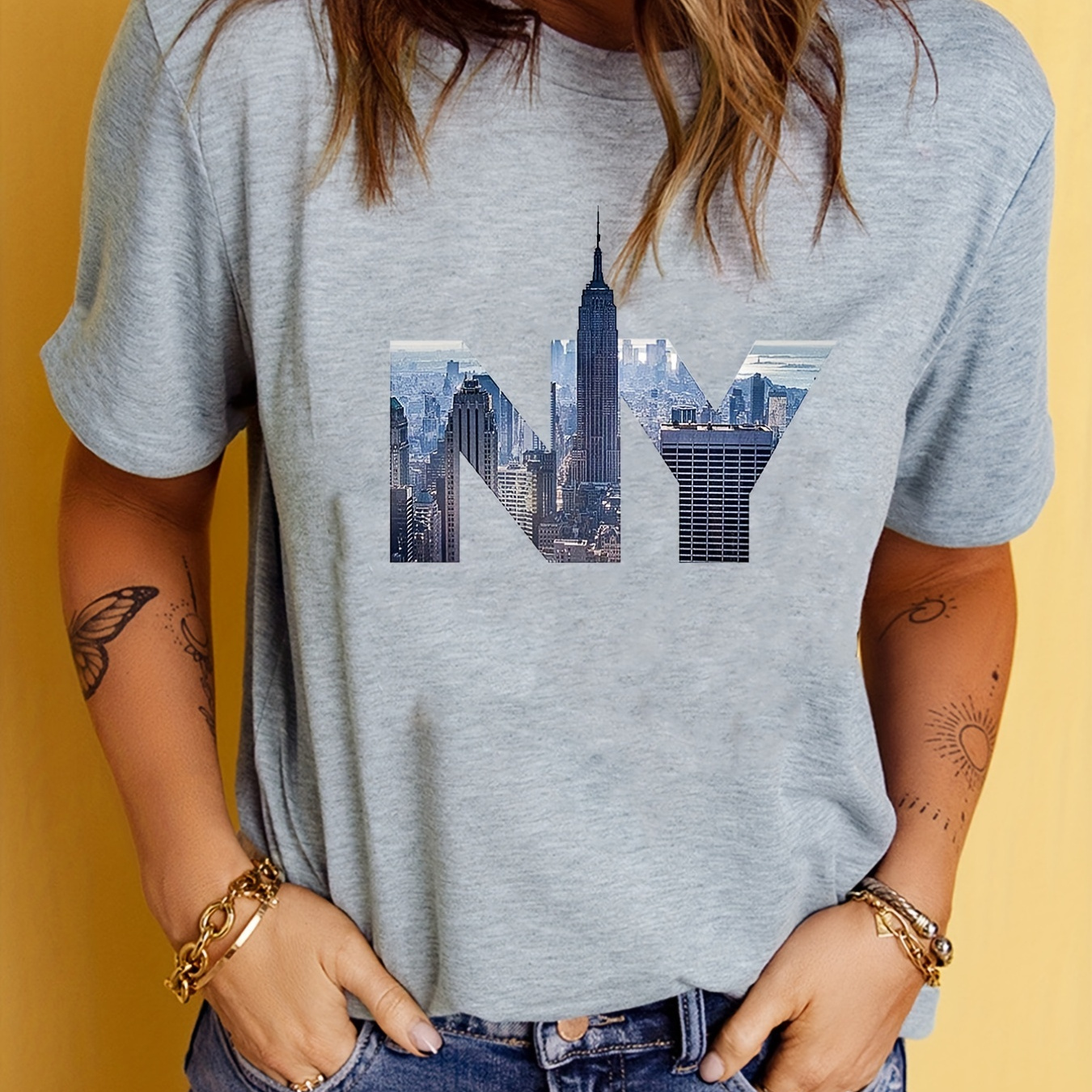 

NY T-shirt Imprimé, Haut Décontracté À Manches Courtes D'été, Vêtements Pour Femmes