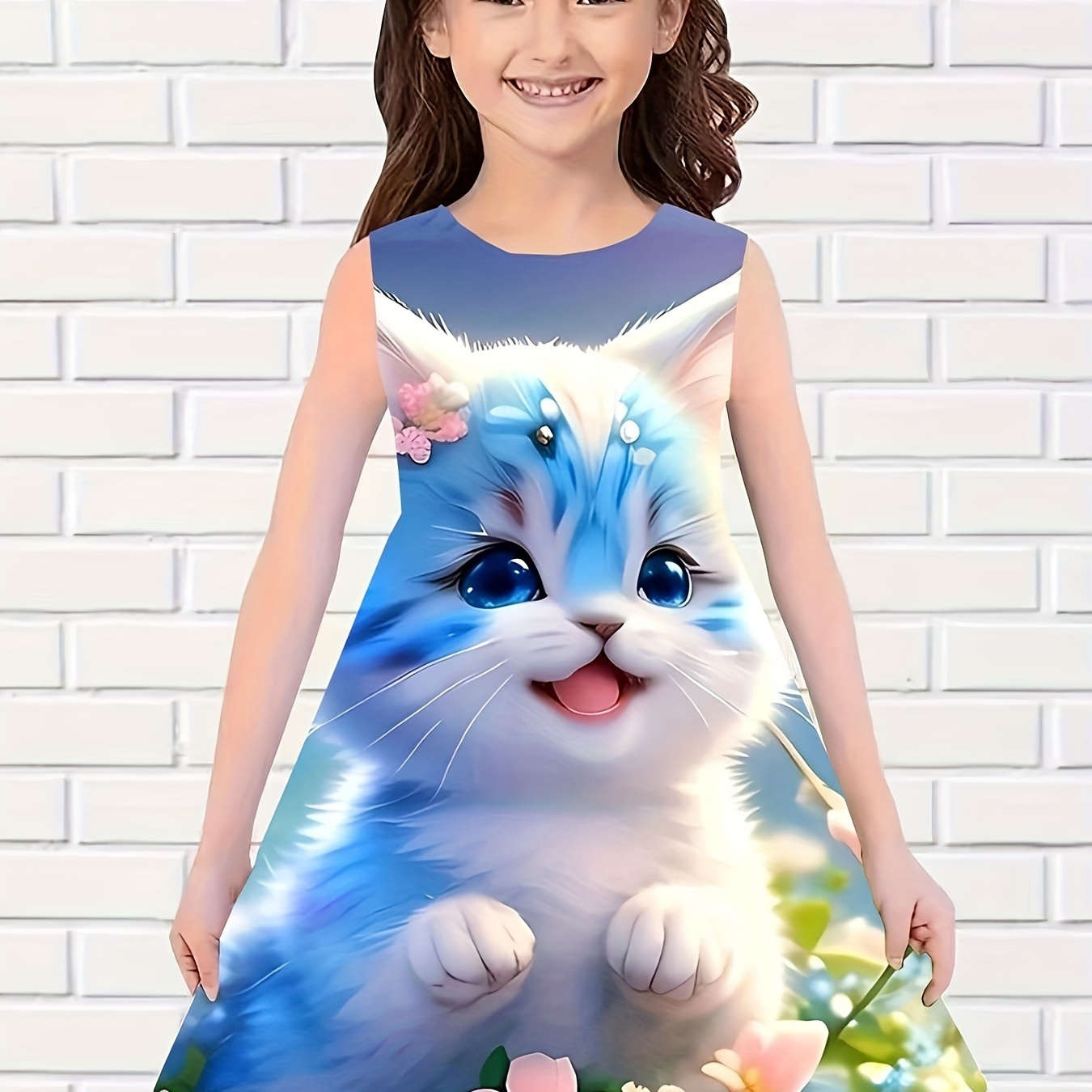 

Cartoon Flower Kitty Print Dress Girls Casual Sleeveless Dresses For Summer Party Gift Outdoor