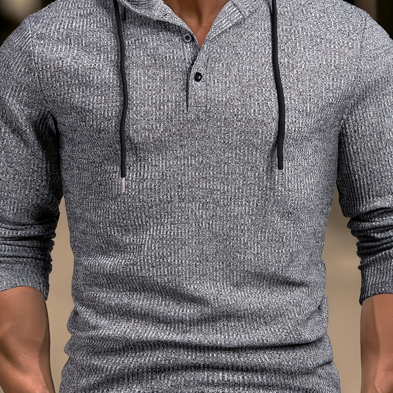 

Men's Ribbed Long Sleeve Hooded Henley Shirt, Casual Trendy Buttons Tops For Autumn And Winter