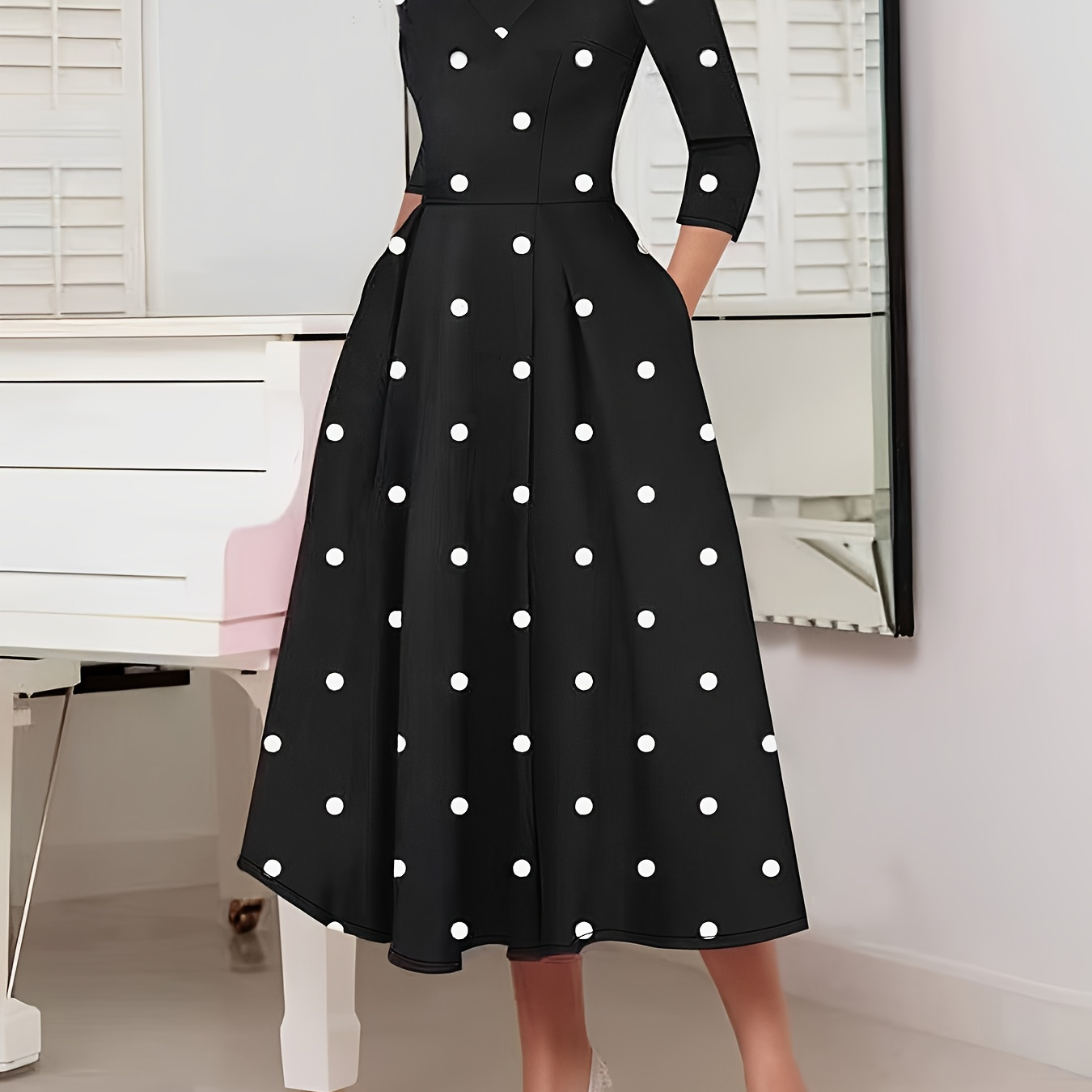 

Polka Mock Neck A-line Dress, Elegant 3/4 Sleeve Dress For Spring & Fall, Women's Clothing