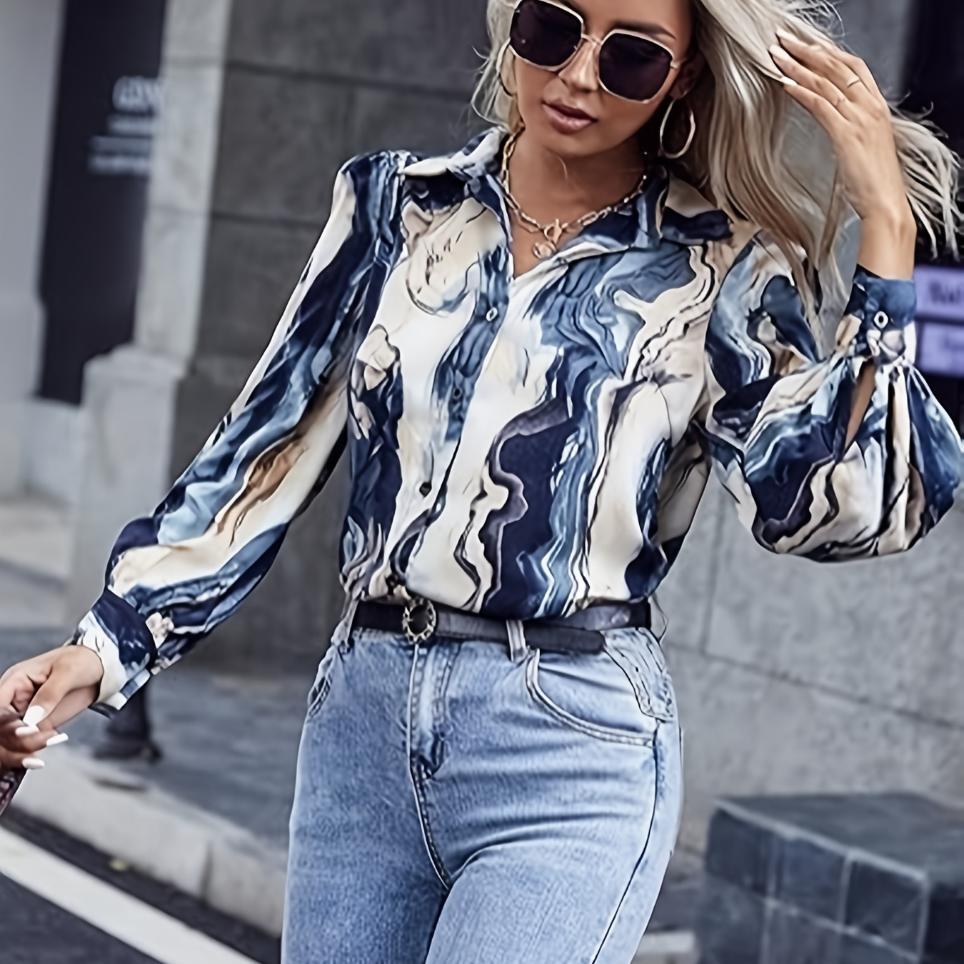 

Abstract Print Button Front Blouse, Casual Long Sleeve Blouse For Spring & Fall, Women's Clothing