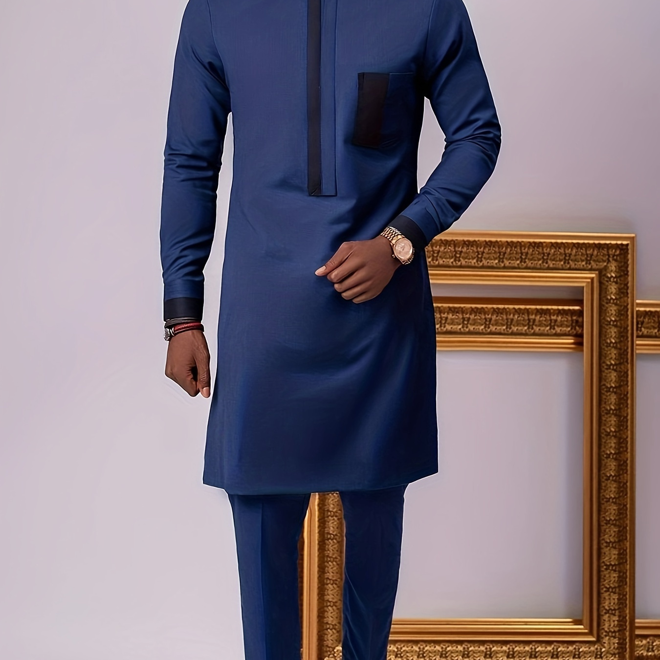 

Men's Outfit Set, Color Matching Long Sleeve Robe And Drawstring Trousers, 2 In 1 Set For Cultural Activities In African