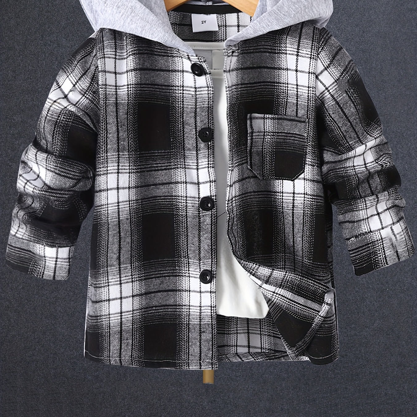 Boys Plaid Patched Creative Top, Casual Non-Stretch Long Sleeve Hooded Shirt, Boys Clothes For Spring Fall Outdoor