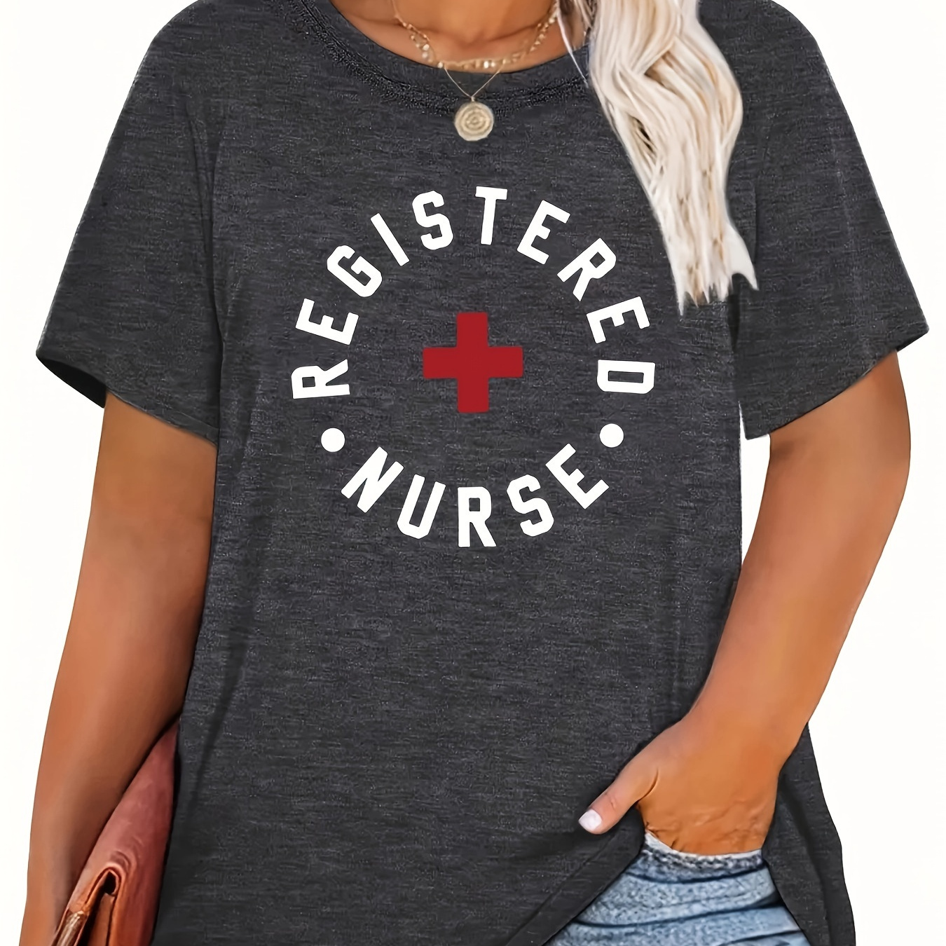 

Plus Size Nurse Print T-shirt, Casual Short Sleeve Crew Neck Top For Spring & Summer, Women's Plus Size Clothing