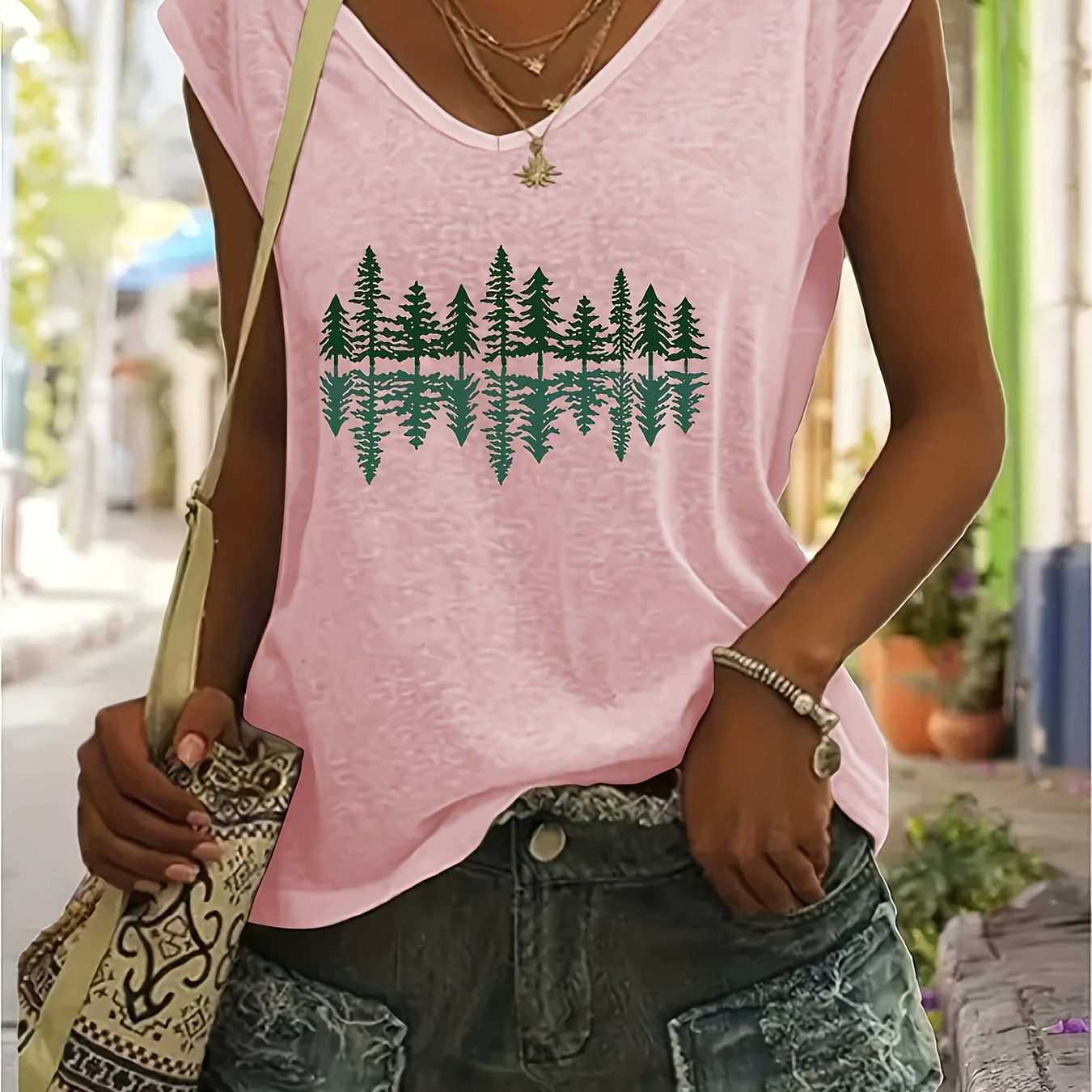 

Trees Print V Neck T-shirt, Short Sleeve Casual Top For Spring & Summer, Women's Clothing