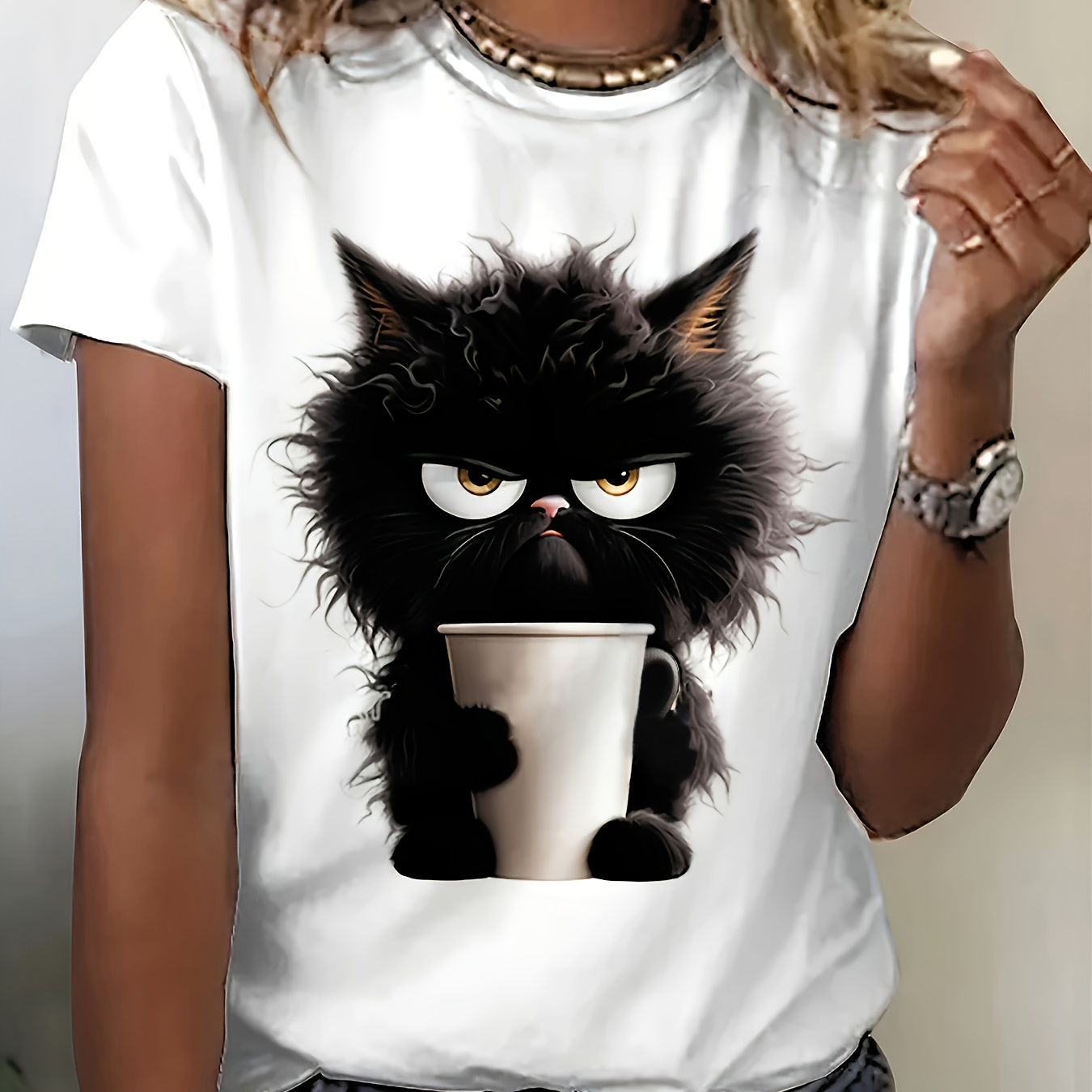 

Cat Print Crew Neck T-shirt, Casual Short Sleeve Summer Daily Top, Women's Clothing