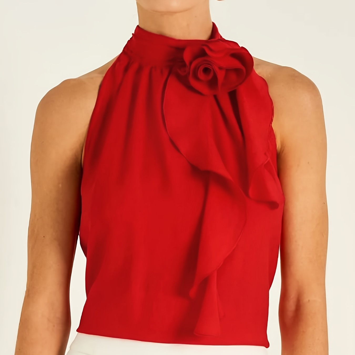 

Elegant Red Sleeveless Blouse With 3d Floral Ruffle Hem - Chic Mock Neck, Polyester, Semi-sheer For Spring/summer Events