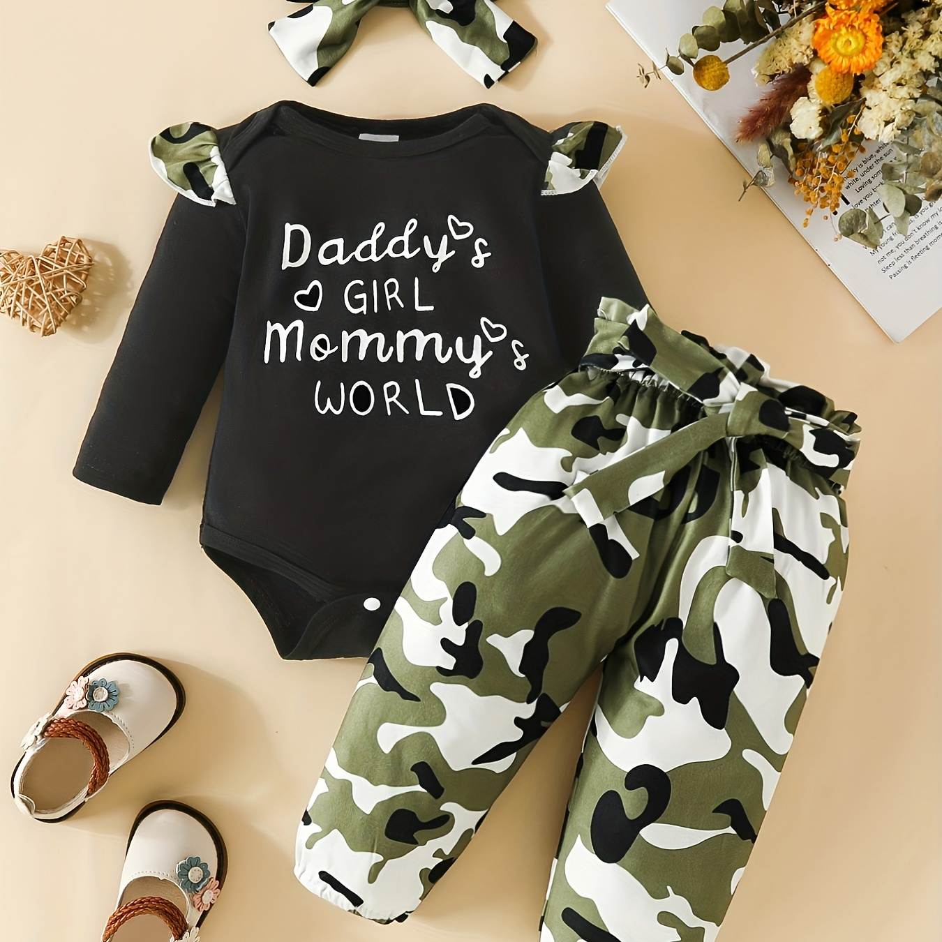 

Baby Girls Cute Letter For Love Print Long Sleeve Creeper Romper + Camouflage Trousers + Headwear 3pcs Set