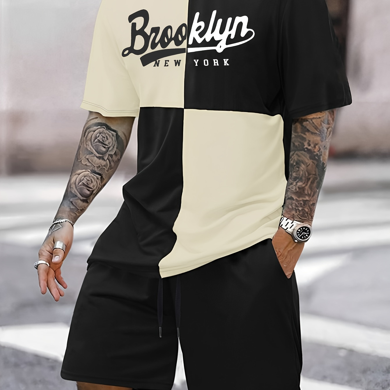 

Contrast Color Plaid Pattern And Letter Print "brooklyn New York" Crew Neck And Short Sleeve T-shirt, Casual Tops For Men's Summer Street Wear