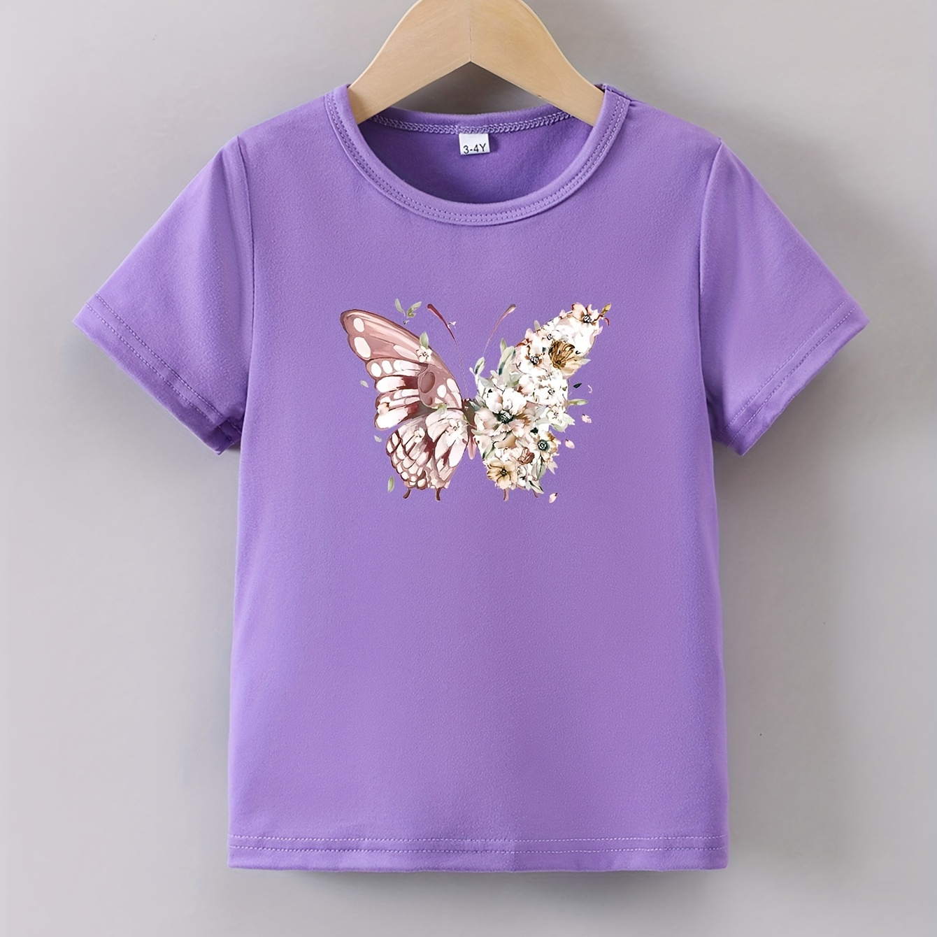 

Girls Butterfly Print Crew Neck T-shirt Short Sleeve Tee For Summer Outdoor Gift