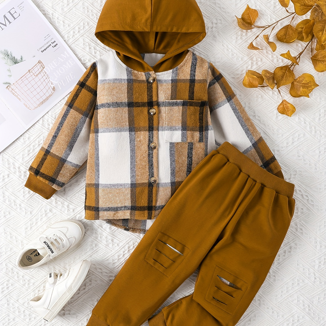 

2pcs Boy's Casual Hooded Shirt Outfit, Plaid Pattern Button Front Hoodie & Pants Set, Trendy Hooded Long Sleeve Top, Kid's Clothes For Spring Fall Winter, As Gift