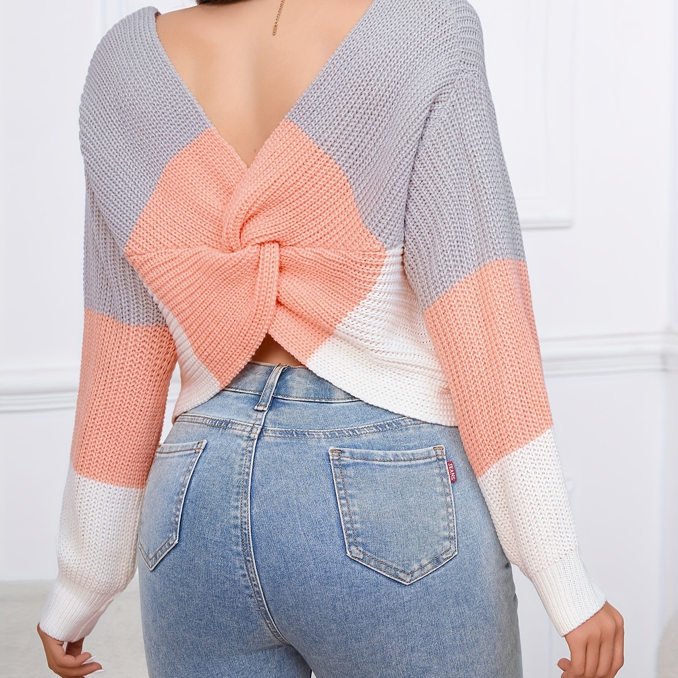 

Color Block Twist Back Crop Sweater, Stylish Long Sleeve V Neck Sweater, Women's Clothing