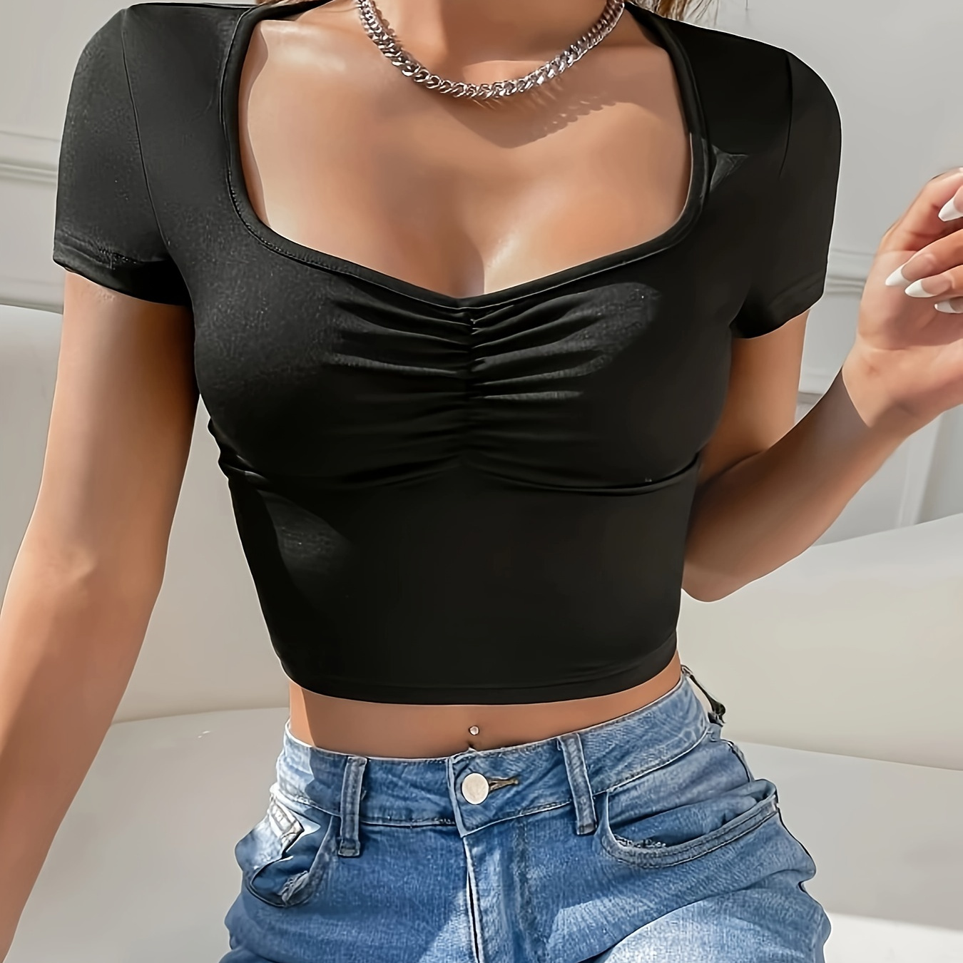 

Ruched Sweetheart Neck T-shirt, Y2k Short Sleeve Crop Top For Spring & Summer, Women's Clothing
