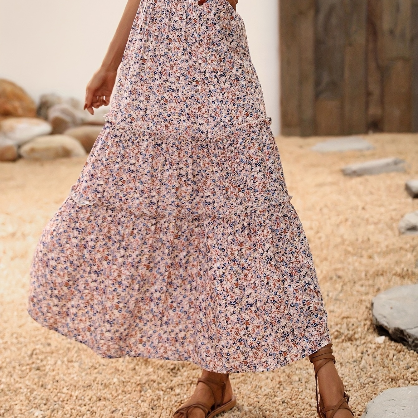 

Ditsy Floral Print Ruffled Hem Skirt, Elegant Loose Layered High Waist Skirt For Spring & Summer, Women's Clothing