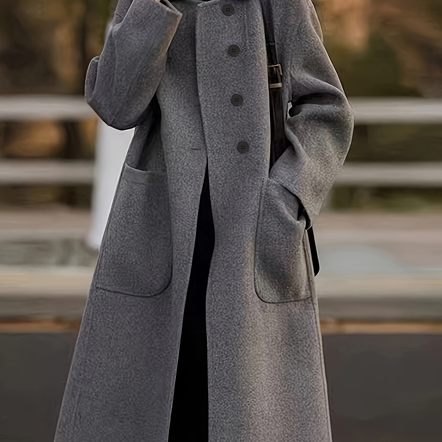 

Elegant Polyester Long Coat For Women, Solid Color, Loose Fit, With Pockets, Woven Fabric, For Fall/winter Collection