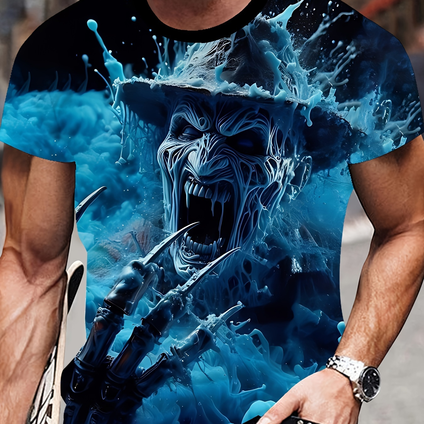 

Men's Skull 3d Print T-shirt, Casual Short Sleeve Round Neck T-shirt, Outdoor Men's Clothing