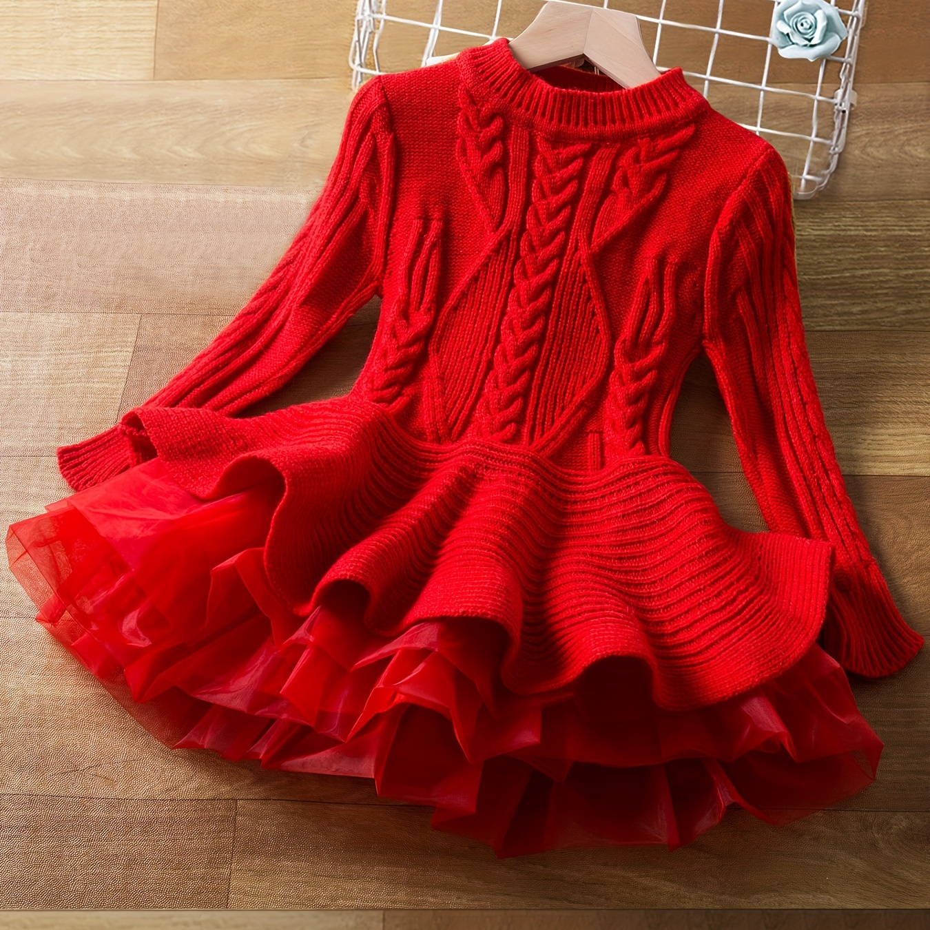

Toddler Girls Mock Neck Long Sleeve Knit Dress Solid Tutu Dress For Christmas Party Gift Fall