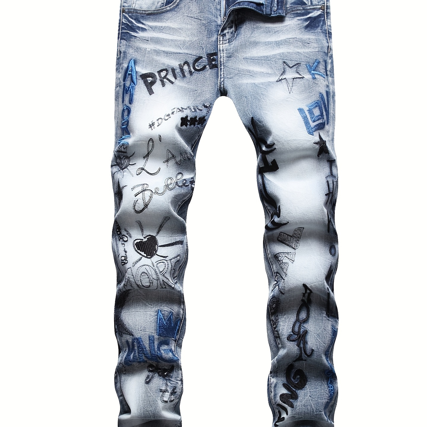 Plus Size Men's Graffiti Letters Print Denim Pants, Men's Clothing