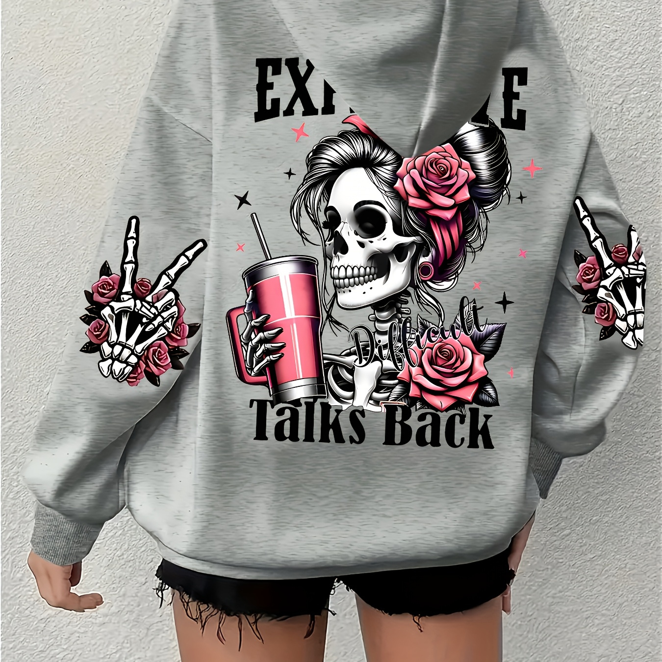 

1pc Women's Casual Floral Print Hooded Sweatshirt, Polyester Knit Pullover, With Skull And , For Fashion Hoodie