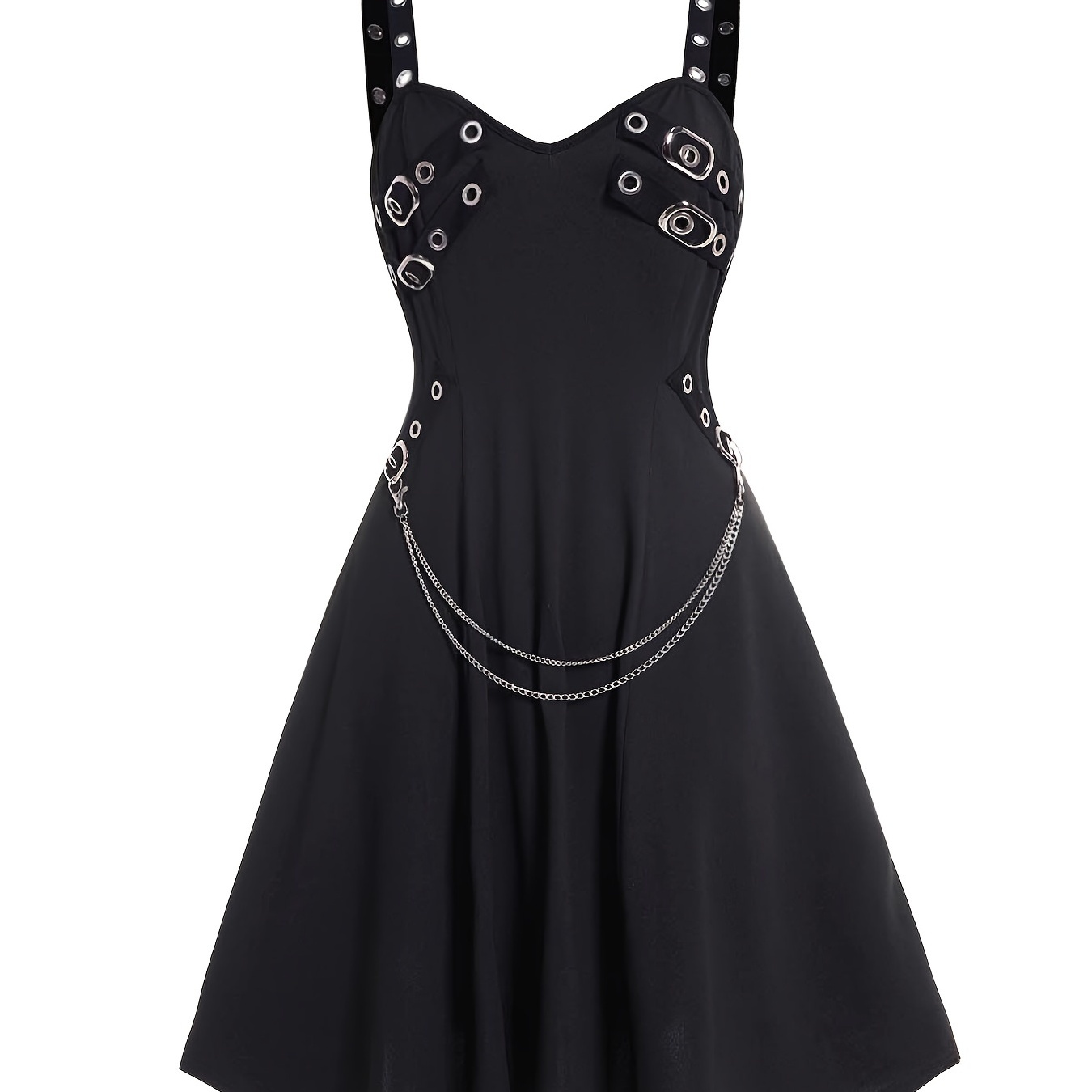 

Solid Chain Dress, Gothic Vintage V Neck Suspender Dress, Women's Clothing