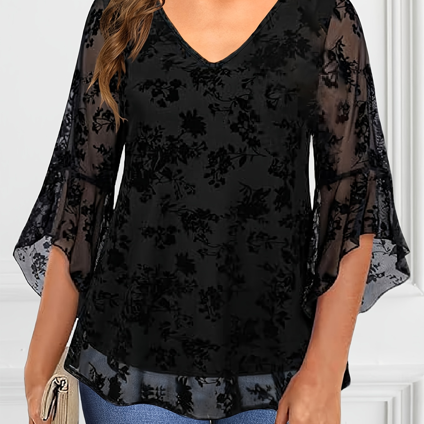 

Blouse Élégante à Col en V avec Dentelle et Manches 3/4 - Non Extensible, Couleur Unie, Parfaite pour Toutes les