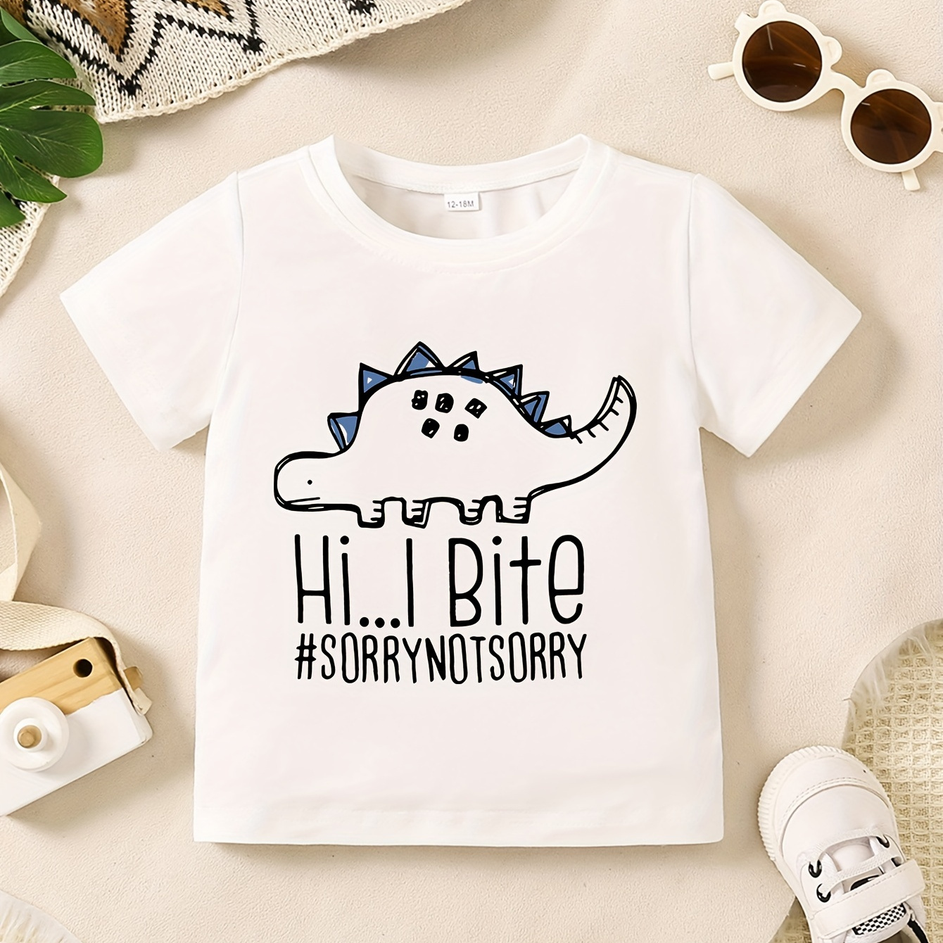 

Hi I Bite Print Short Sleeve T-shirt For Baby Boys, Casual Round Neck Comfy Summer Outdoor Clothes