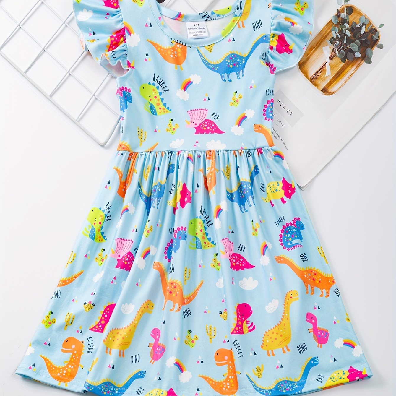 

Cartoon Dino Print Ruffle Trim Dress, Girls Stretchy Dresses For Summer Party Gift