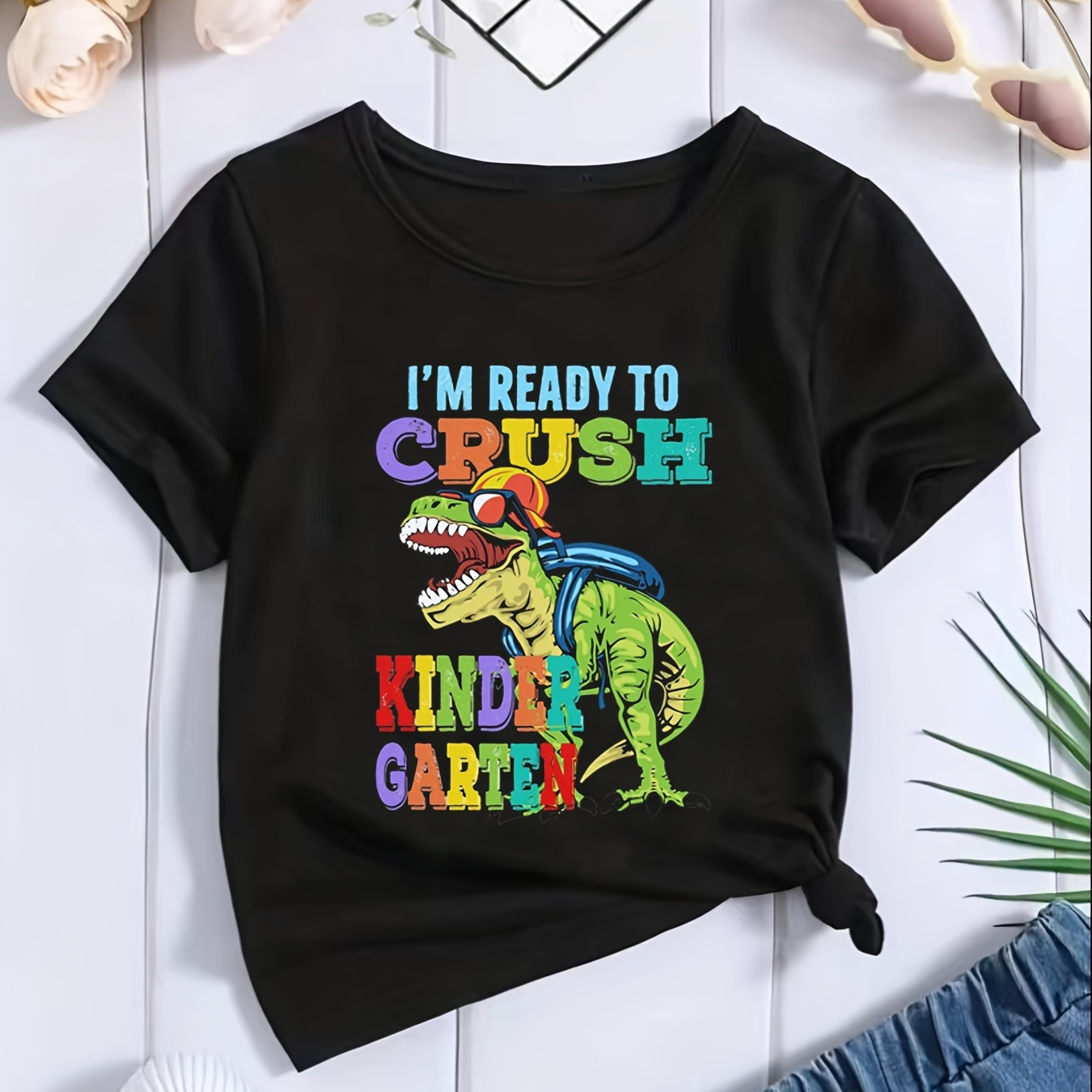 

I'm Ready To Crush Kindergarten, Boy's Dinosaur Graphic T-shirt, Casual Mid Stretch Breathable Tee, Kid's Clothing For Outdoor