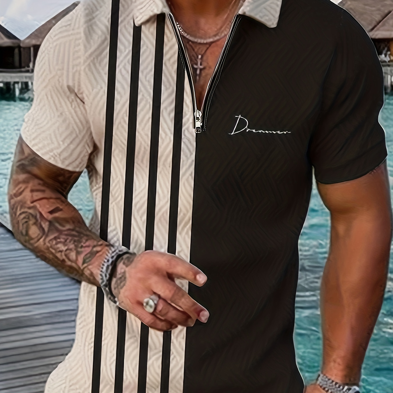 Trendy Stripe Pattern Print Men's Casual Short Sleeves Zip Up Graphic lapel Shirts, Lapel Collar Tops Pullovers, Men's Clothing For Summer