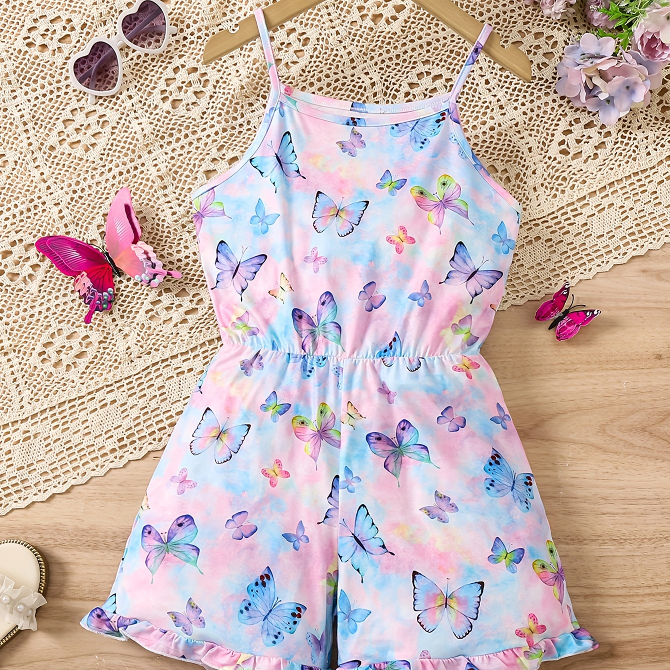 

Tie Dye Pattern Butterfly Print Cami Jumpsuit For Girls Summer Party Gift Holiday