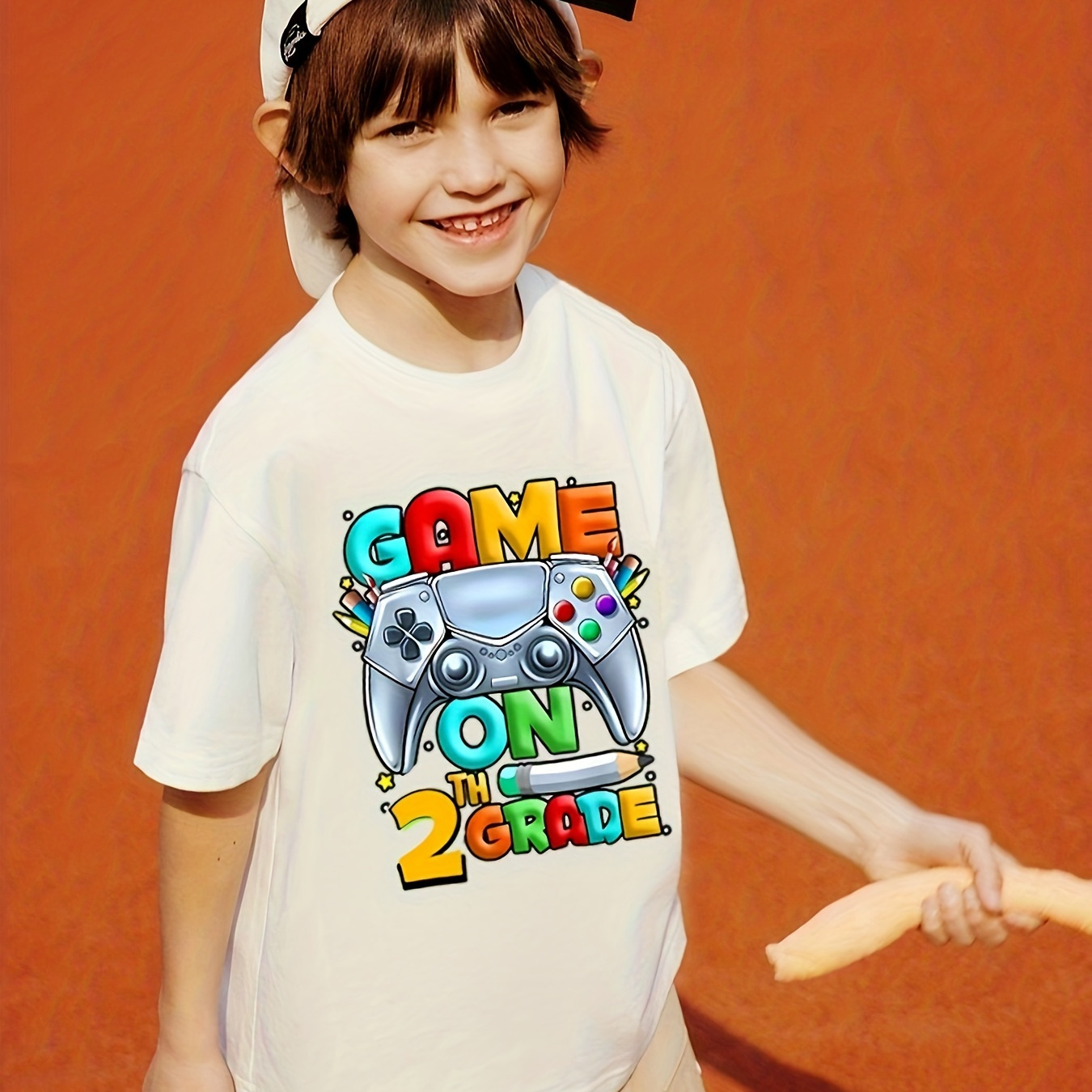 

Boy's Summer Casual Comfy T-shirt - ‘game On 2nd Grade' Cartoon Pattern Short Sleeve Crew Neck Tee Homecoming Day Gift