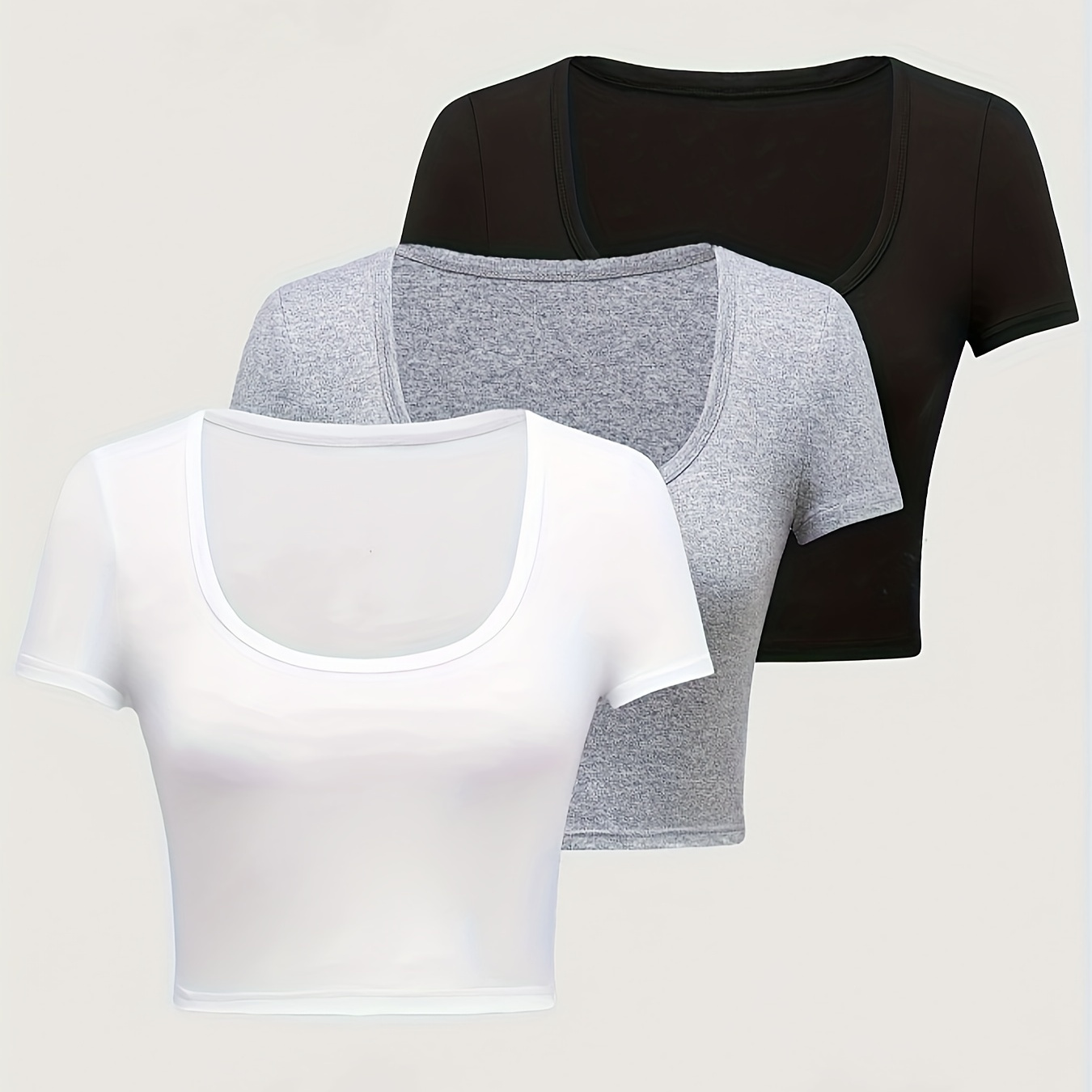 

3 Pack Square Neck T-shirt, Casual Short Sleeve T-shirt For Spring & Summer, Women's Clothing