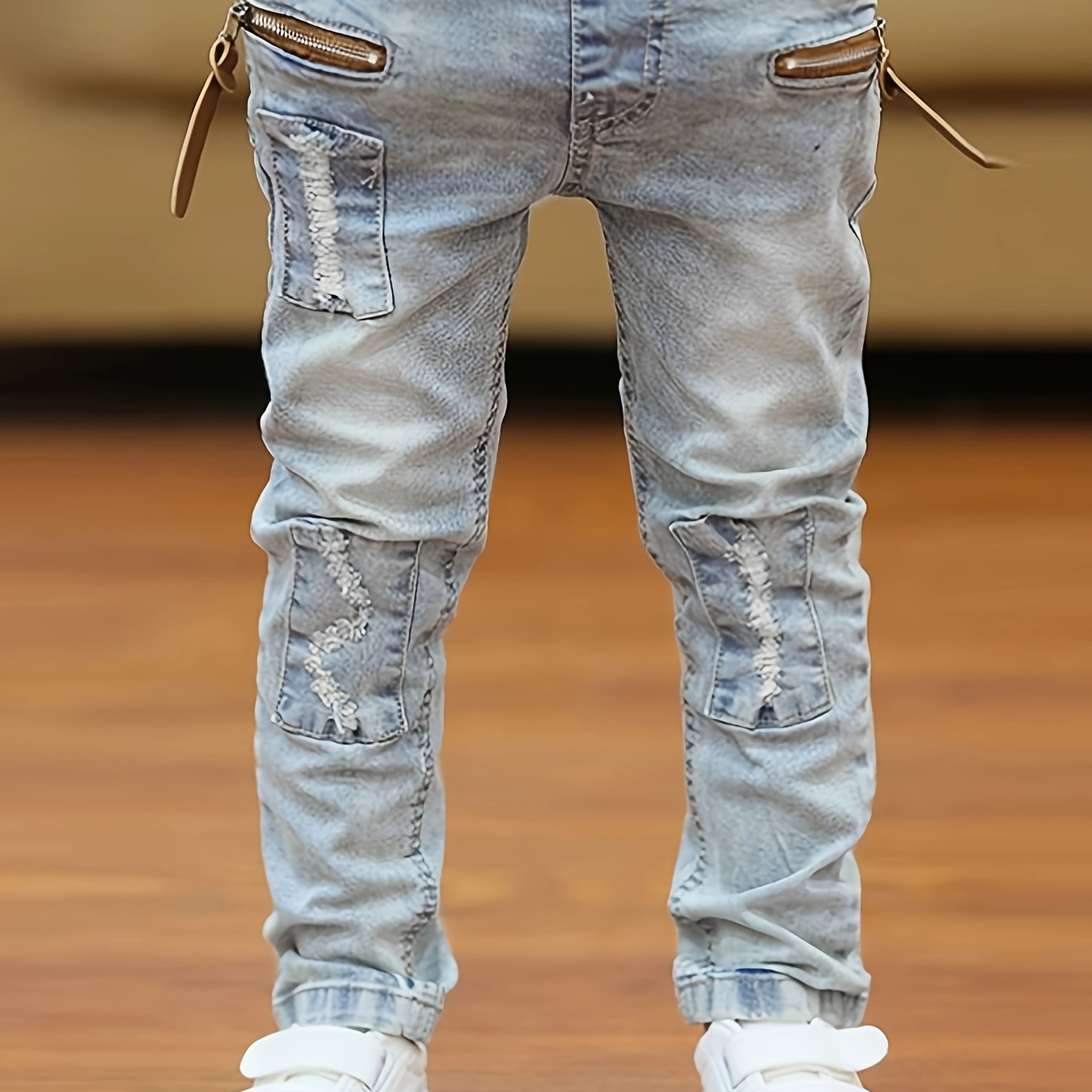 Kid's Elastic Waist Patched Jeans, Denim Pants With Pockets, Boy's Clothes For All Seasons