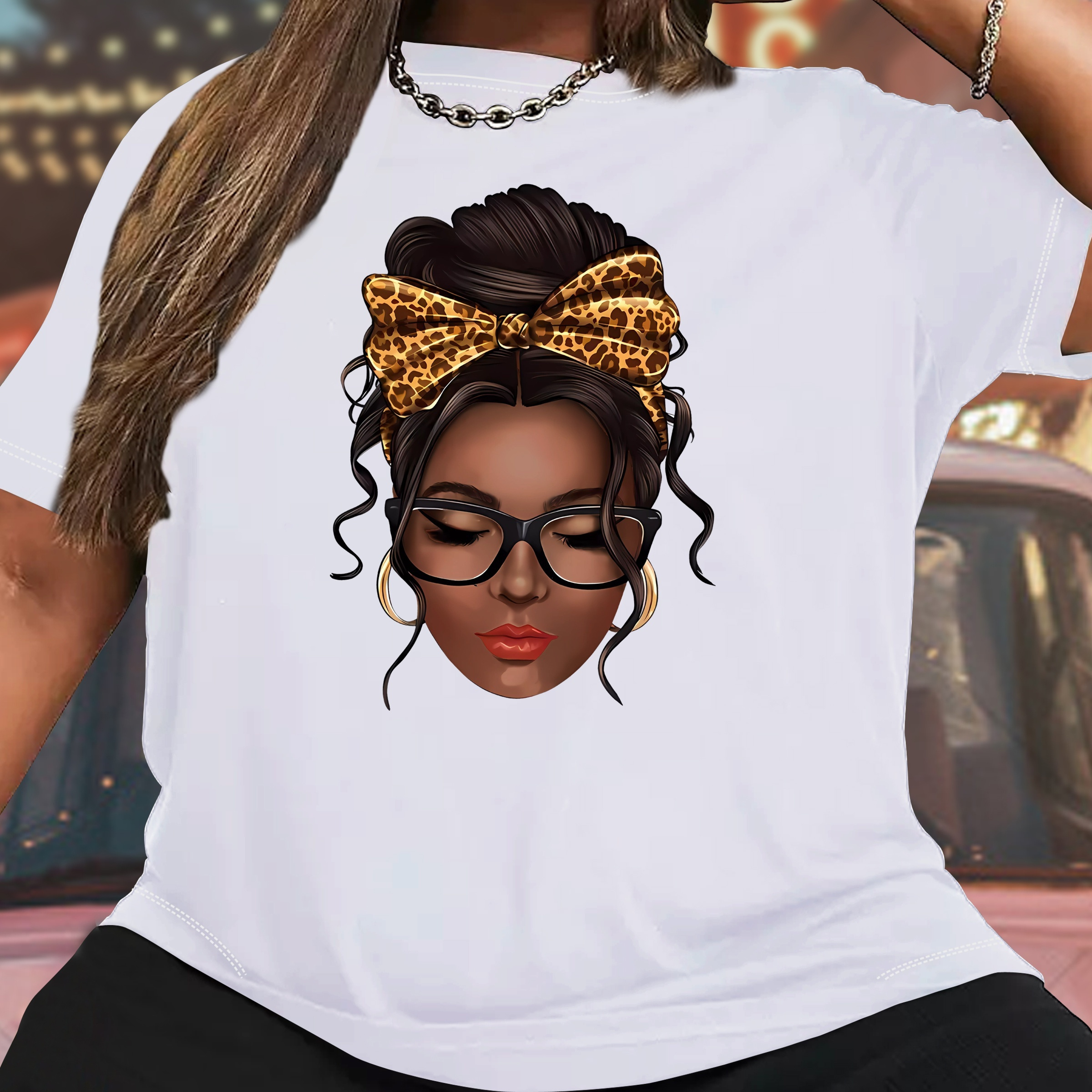 

Women's Casual Sports T-shirt Top, Plus Size Leopard Bow Lady Portrait Print Stretchy Round Neck Breathable Fabric Short Sleeve Fitness Tee Top
