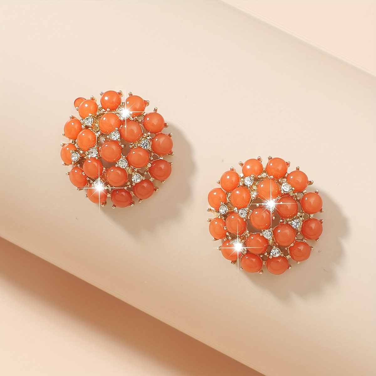 

Flower Design With Orange Beads Shiny Zircon Decor Stud Earrings Elegant Minimalist Style Zinc Alloy Silver Plated Jewelry Daily Casual