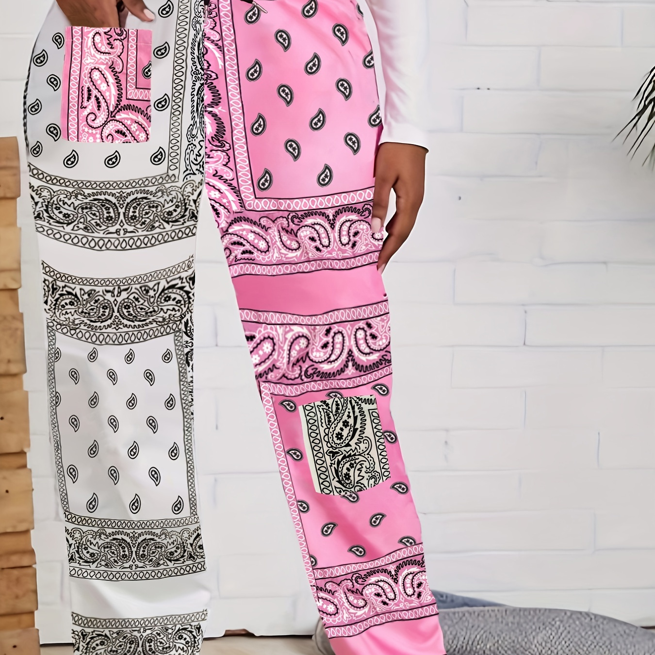 

Plus Size Boho Pants, Women's Plus Colorblock Paisley Print Drawstring Pants With Pockets